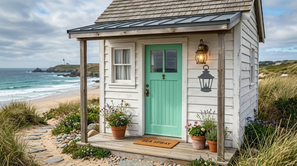 A rustic wooden shed positioned on a grassy coastal cliff overlooking the ocean.