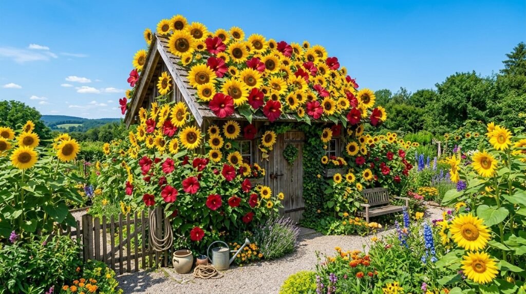 A rustic garden shed covered in dense green ivy foliage.