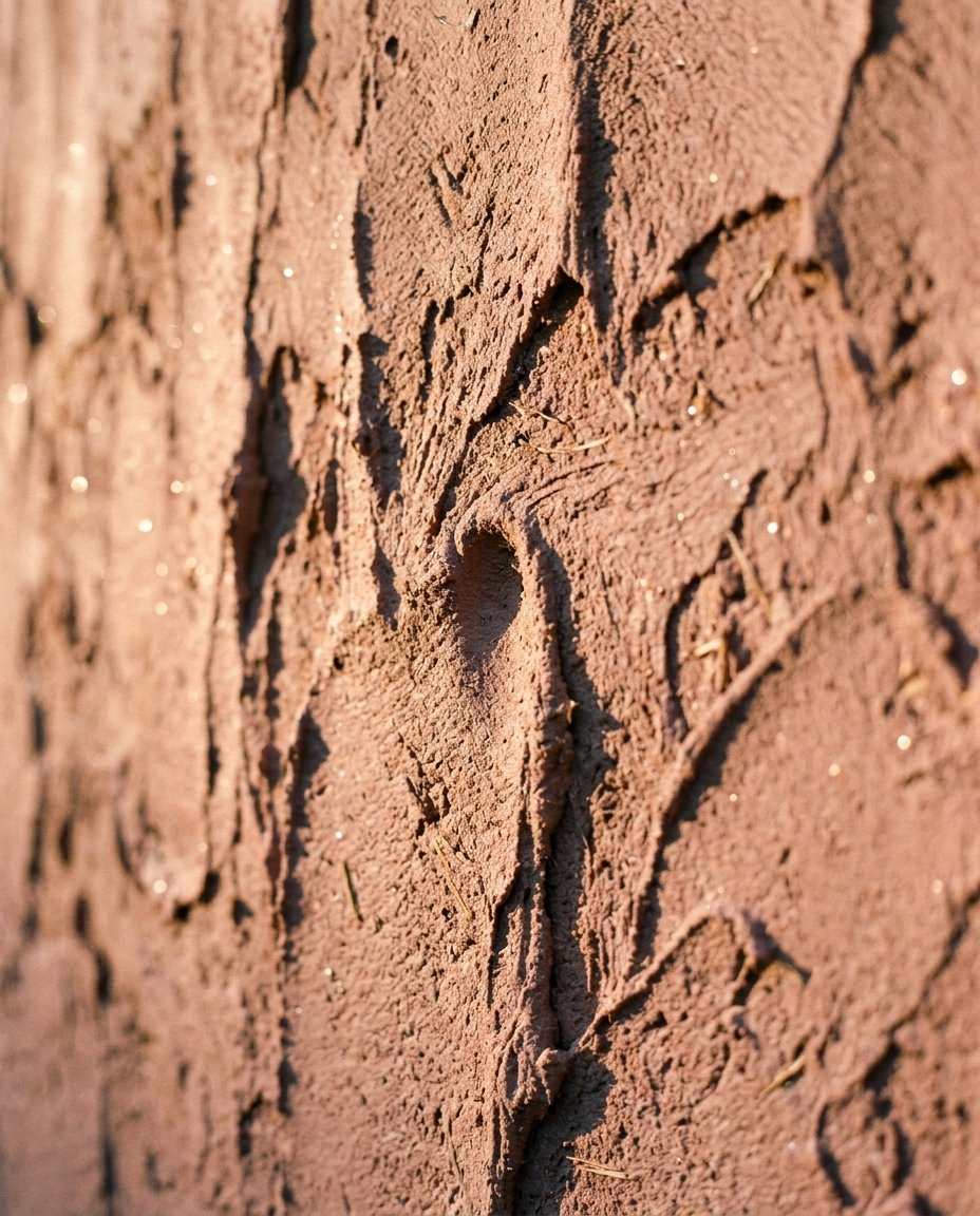 Wet brown clay mud showing swirling brush strokes and embedded straw particles in sunlight.