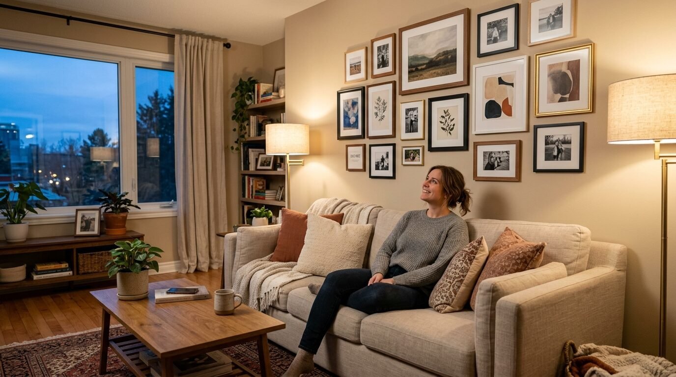 Smiling woman sitting on a beige couch in a cozy room with many framed pictures hanging on the wall behind her.