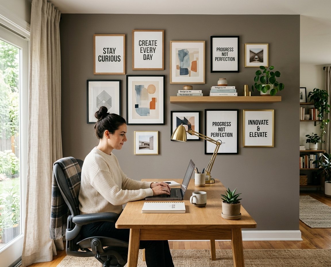 A woman in a cream sweater works on a laptop in a cozy home office featuring a gallery wall of framed art prints.