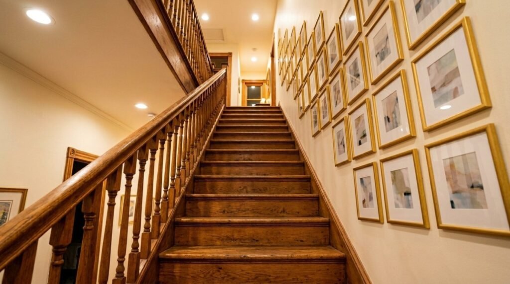 An elegant wooden staircase featuring clean lines and warm natural wood tones in a modern architectural home design.