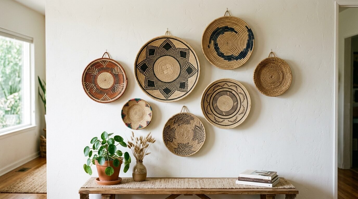 A decorative wall display of seven different round woven baskets hanging above a rustic wooden bench.