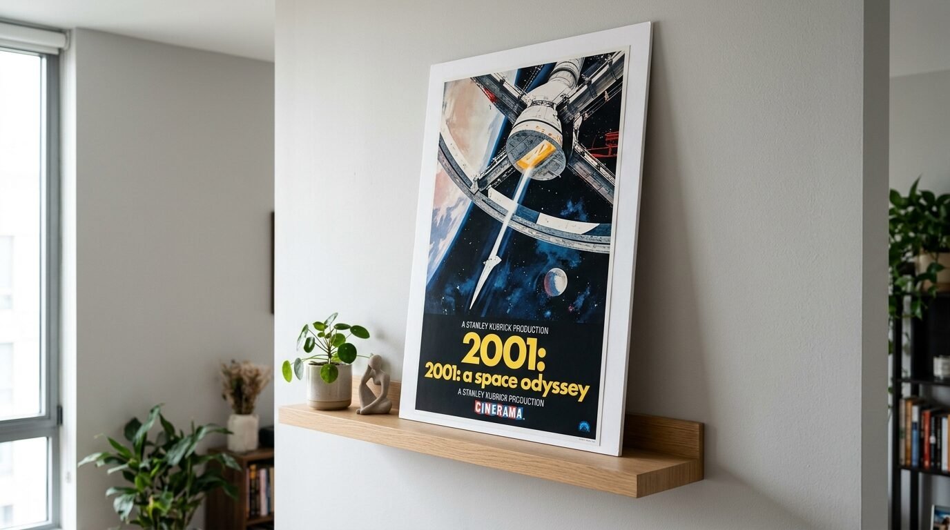 A framed vintage science fiction film poster resting on a wall mounted floating wooden shelf in a bright room.