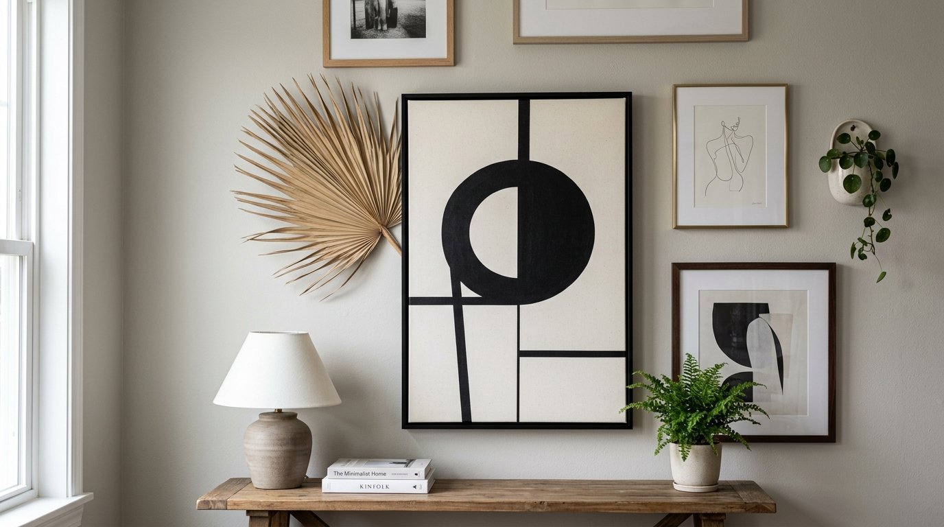 A beige wall decorated with framed abstract art, a dried palm fan, a table lamp, and a potted fern on a wooden console.