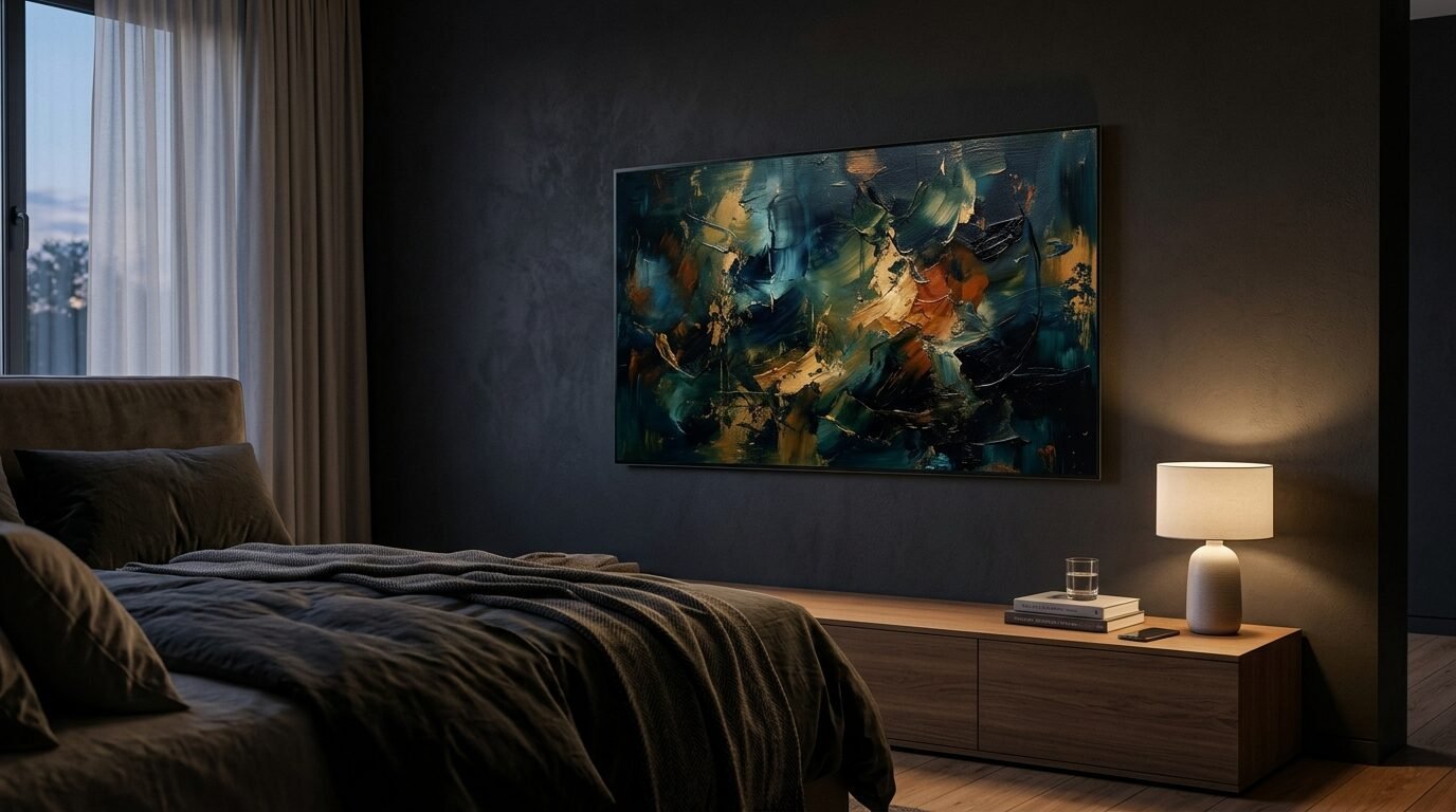 Textured blue and gold abstract canvas art hanging on a dark wall in a dimly lit, contemporary bedroom.