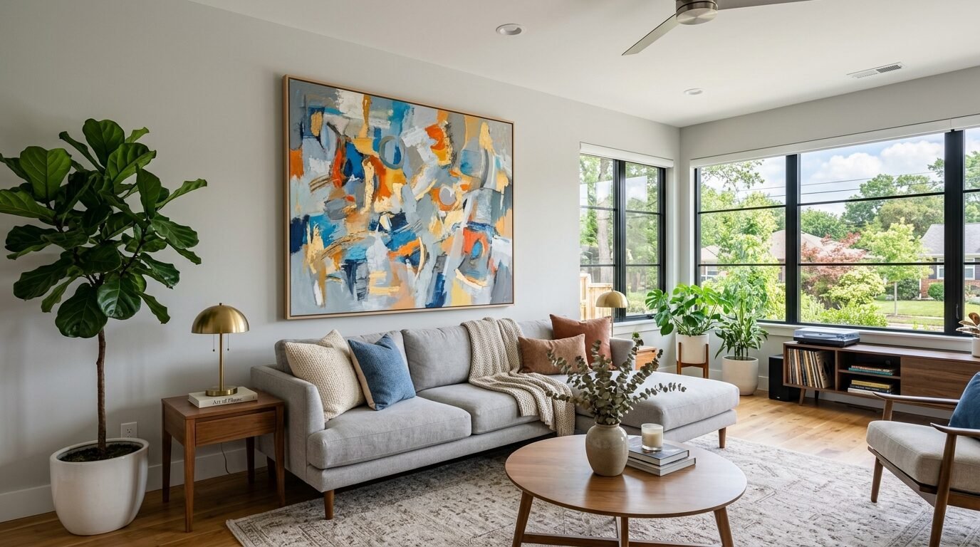 Modern living room with a grey sofa, wooden coffee table, large abstract painting, and fiddle leaf fig plant.