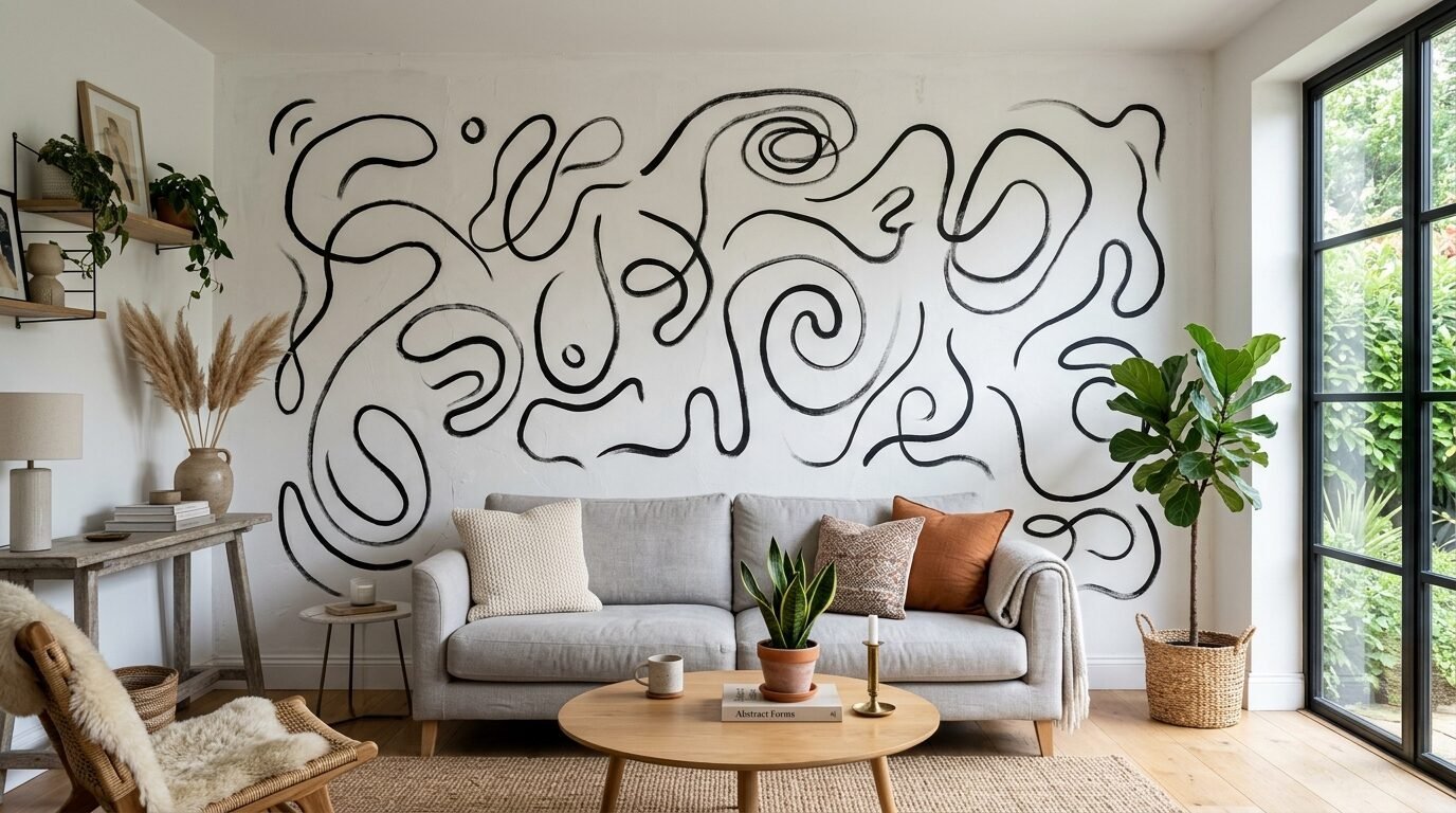 A beige couch sits before a white wall covered in swirling black artistic line drawings.