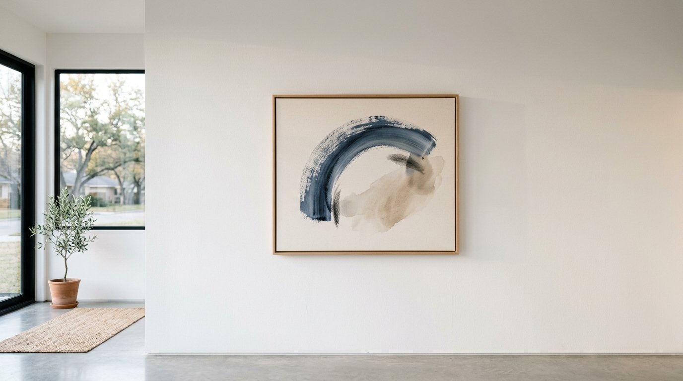 A framed abstract painting with a large blue curved brushstroke hanging on a clean white gallery wall.