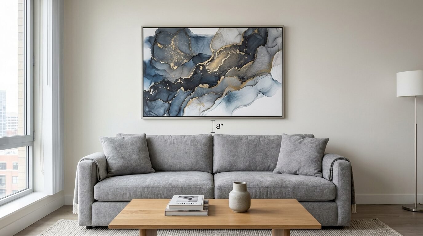 A large framed abstract painting with blue and gold flowing ink patterns centered eight inches above a fabric sofa.