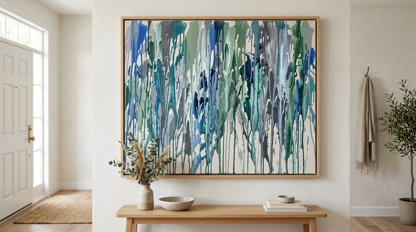 Large horizontal abstract artwork with vertical paint drips in shades of teal, forest green, and navy blue.