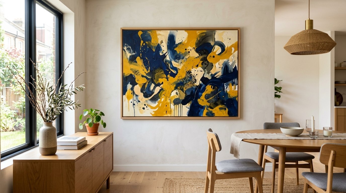 A framed abstract canvas with navy blue and yellow brushstrokes centered on a dining room wall above a wooden console.