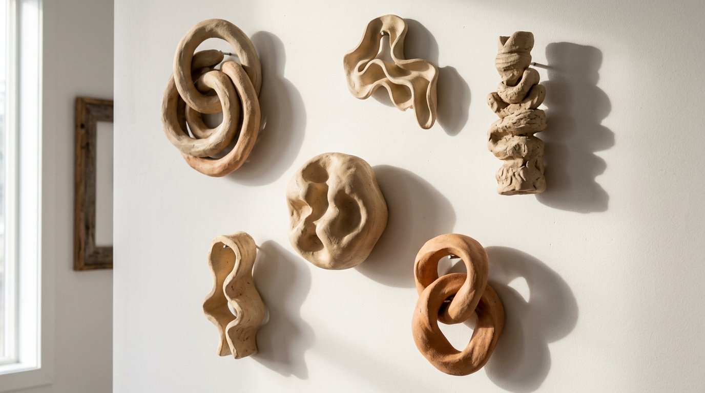 Collection of textured, hand-sculpted ceramic shapes displayed as minimalist wall art.