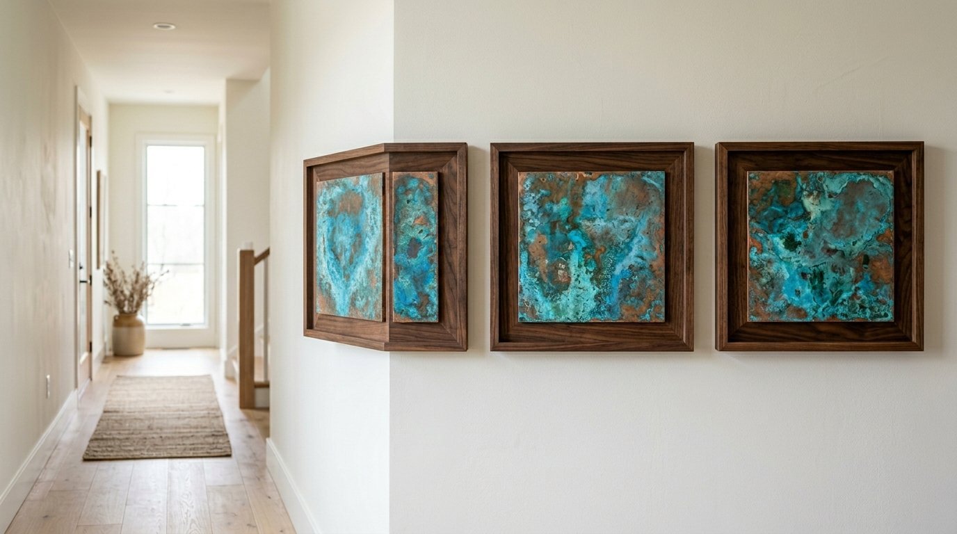 Wall-mounted art featuring three walnut-framed pieces with weathered teal and brown copper metal textures.