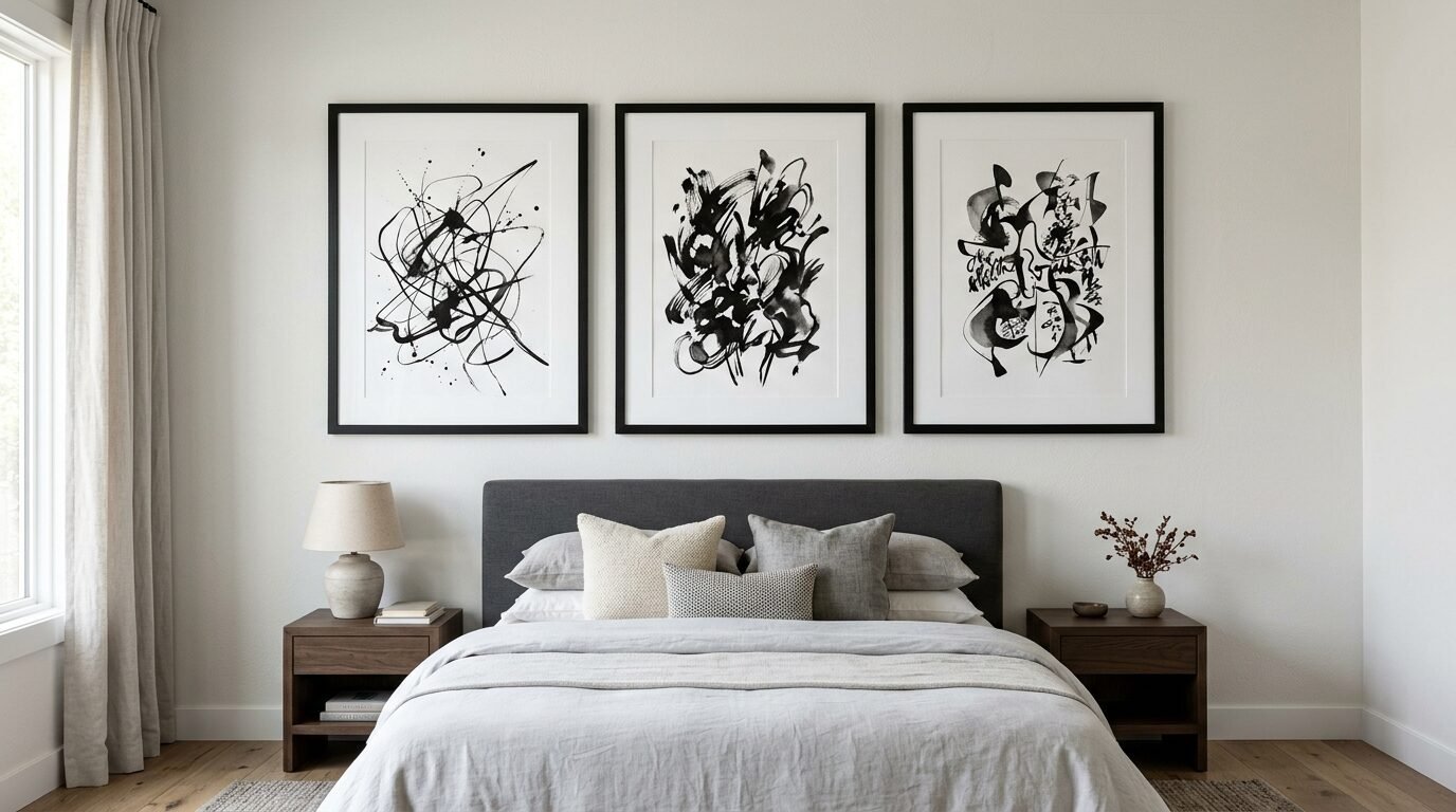 Triptych of modern ink splatter artwork in black frames hanging over a gray upholstered bed in a neutral bedroom.