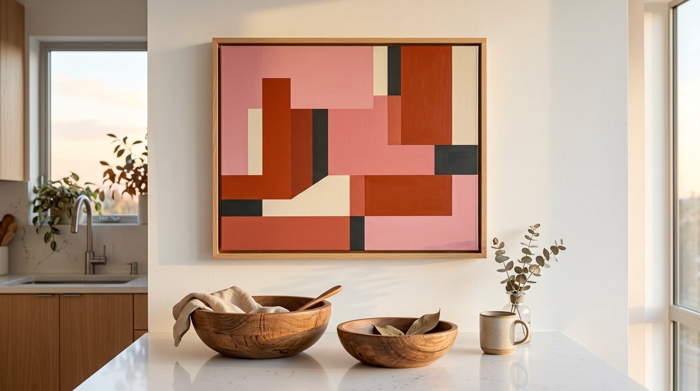 Abstract art with pink and terracotta rectangles displayed on a kitchen wall behind wooden bowls and a mug.