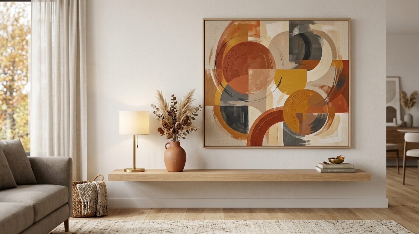 Modern floating oak shelf holding a lamp, a vase with dried grasses, and an orange and grey geometric painting.