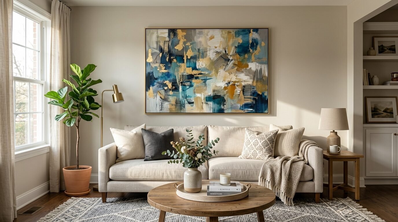A beige couch with a mix of neutral and dark pillows sits in front of a blue and gold abstract canvas painting.