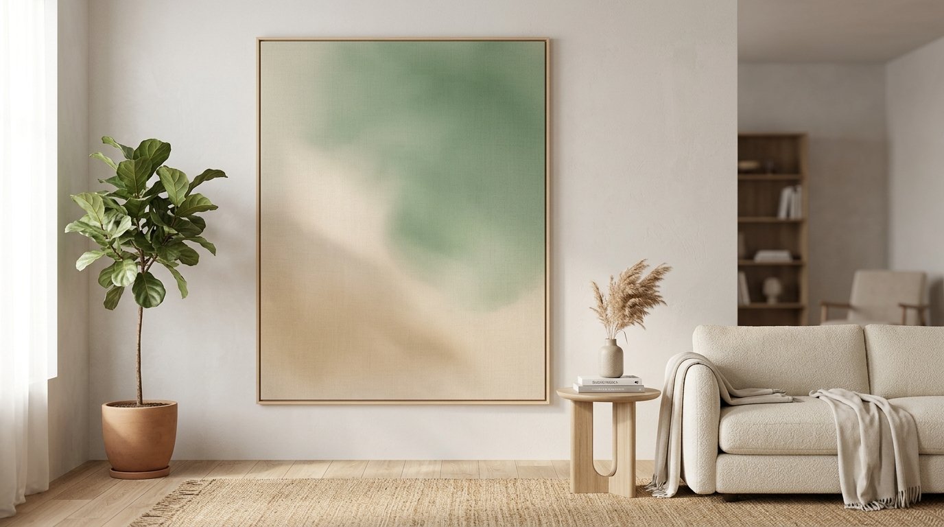 Large framed gradient painting in sage and cream hanging above a couch and side table.