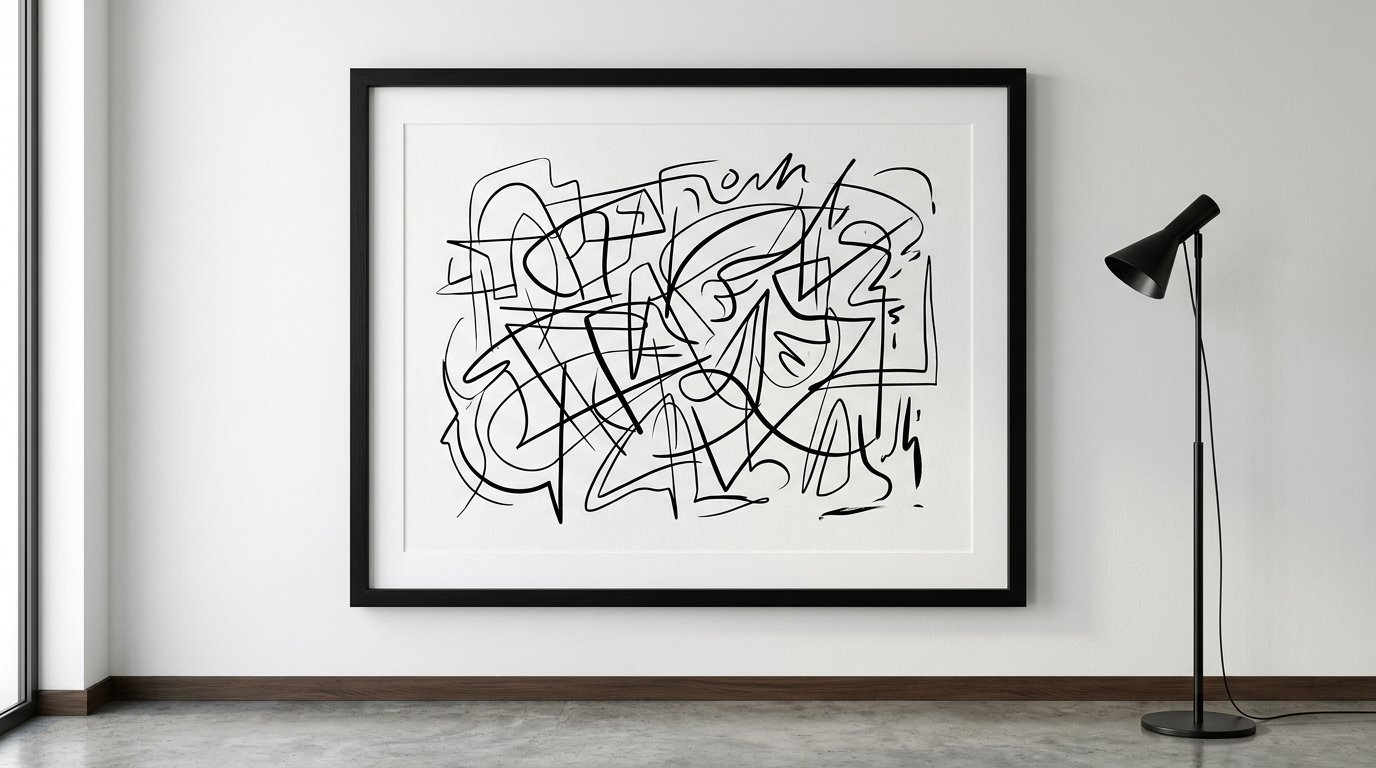 Black and white abstract scribbled line art drawing inside a large framed wall hanging next to a standing lamp.