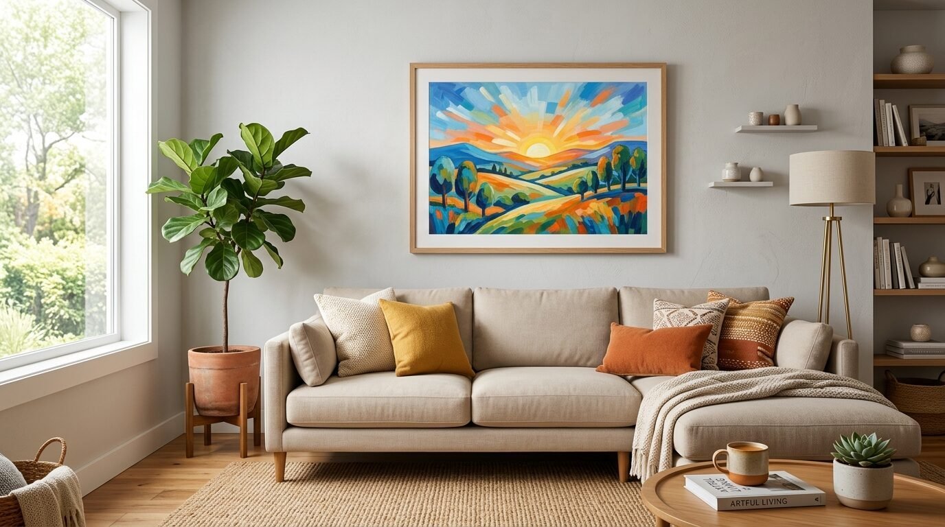 Colorful sunburst painting centered on a light grey wall in a modern living room with a neutral couch.