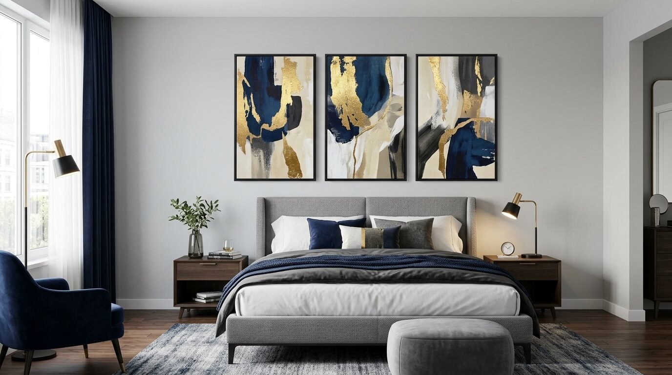 Triptych of navy blue and gold abstract paintings hanging above a grey upholstered bed in a contemporary room.