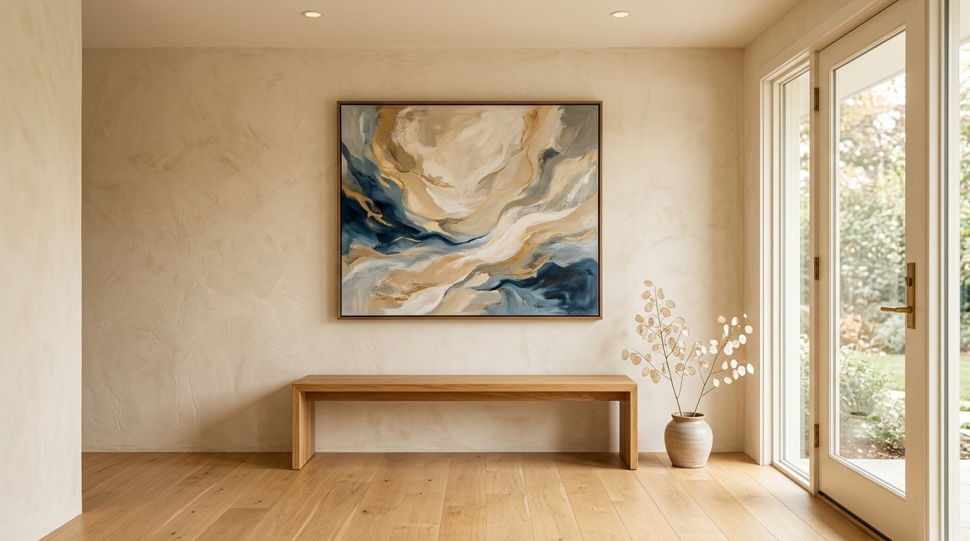 A beige wall features a framed abstract artwork in blue, cream, and gold tones positioned over a light oak bench.