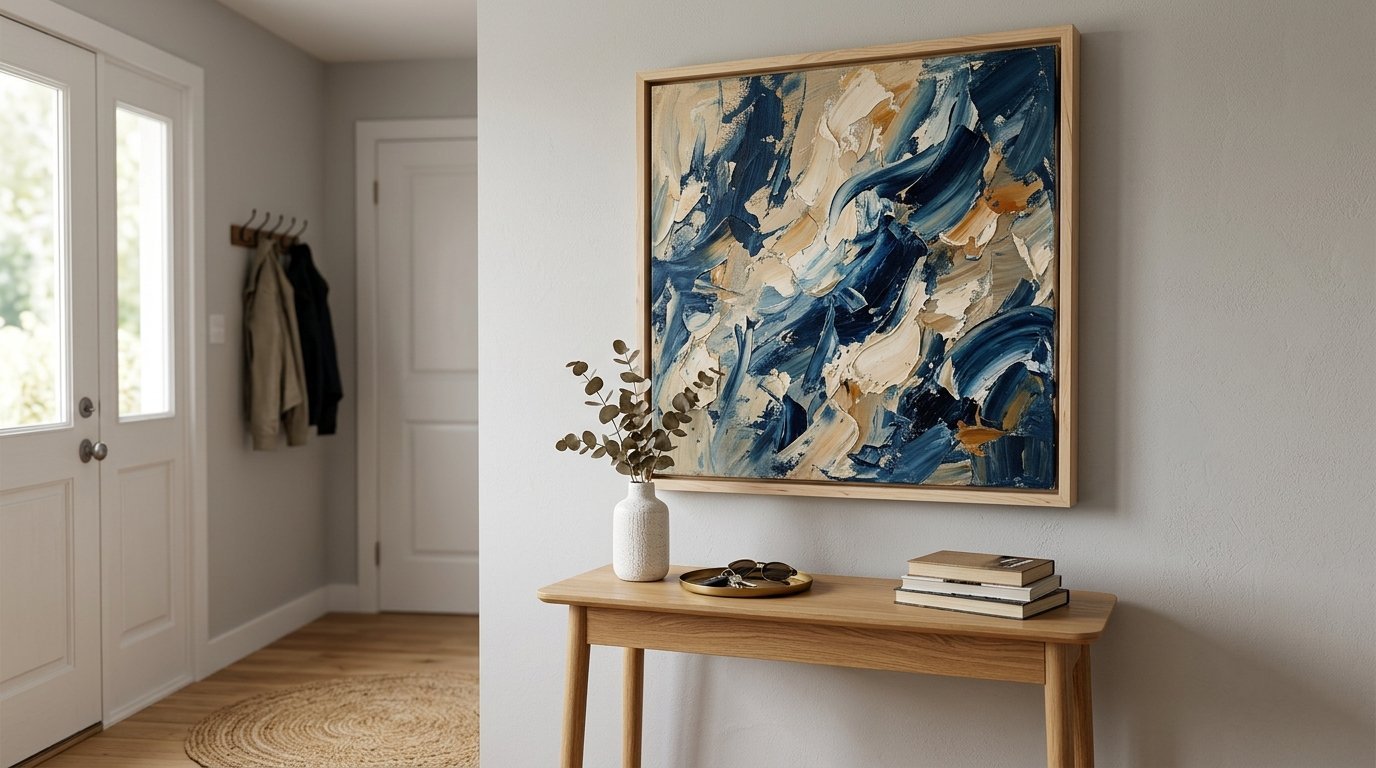Textured blue and cream abstract painting hangs above a wooden console table with a vase and books.