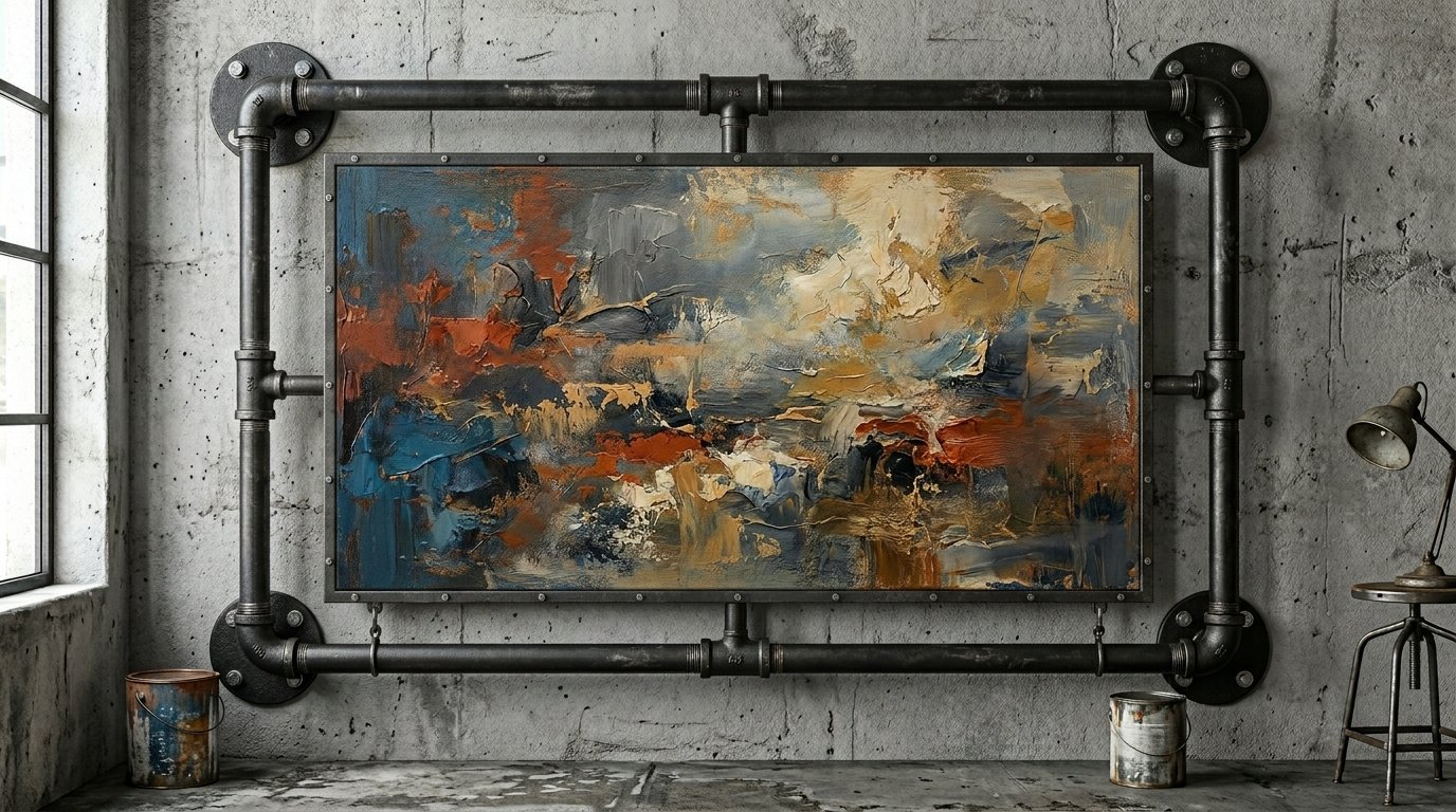Textured abstract artwork in blue, gold, and red hues suspended by black iron plumbing pipes against a concrete wall.