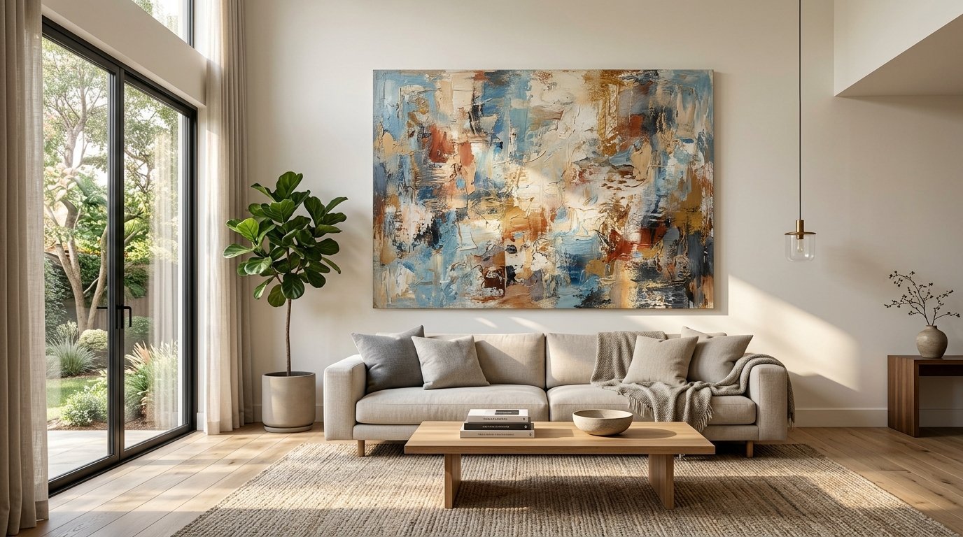 Textured blue and gold abstract art mounted on a white wall behind a neutral sofa and wood coffee table.