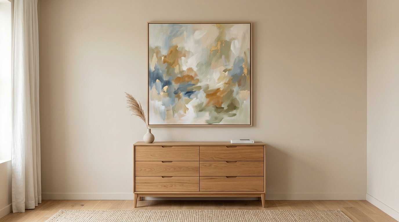A square abstract painting with blue, green, and gold tones hanging above a light oak six-drawer wooden chest.