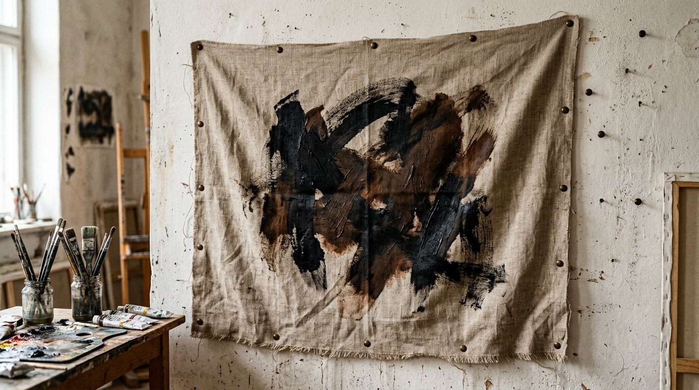 A rustic canvas fabric pinned to a wall featuring bold black and brown paint strokes in an art studio.