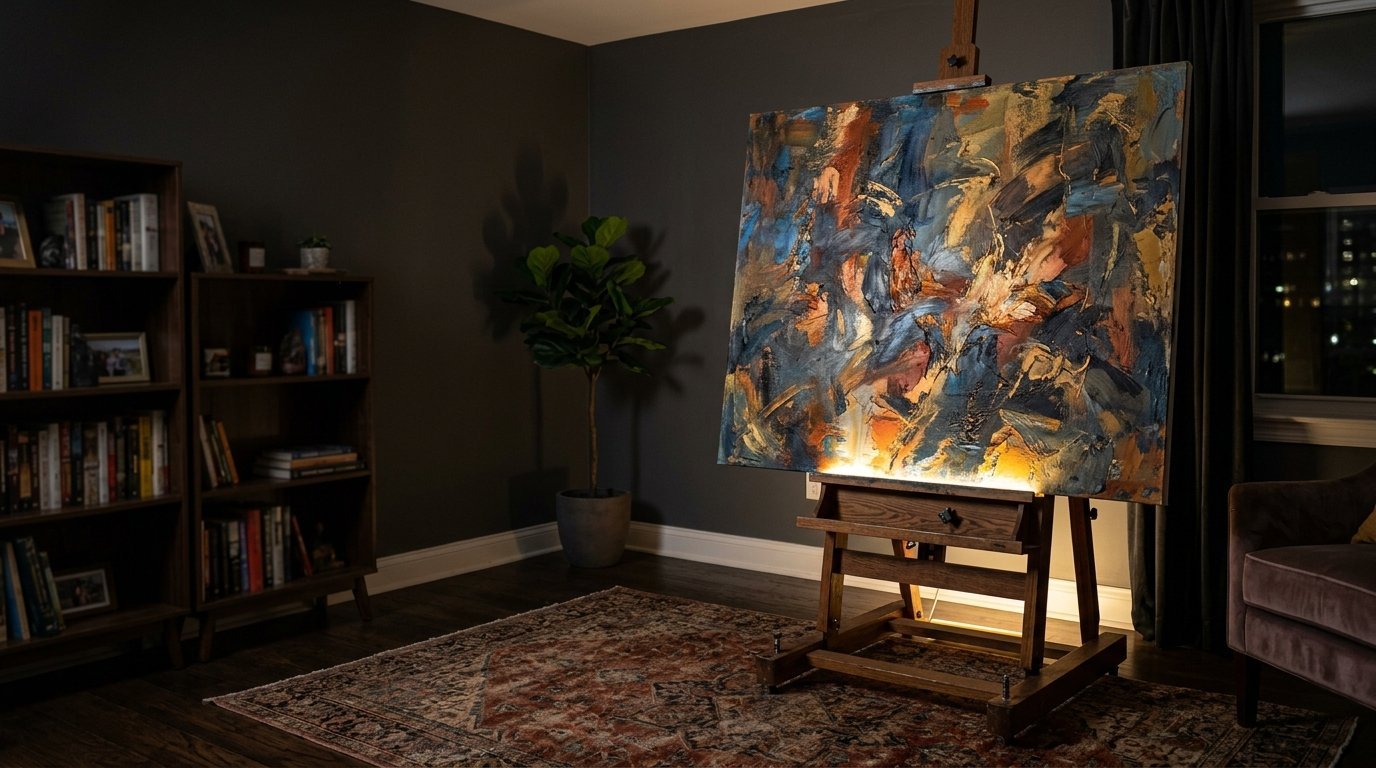 Large colorful abstract oil painting with under-lighting displayed on a wooden easel in a dimly lit home library.