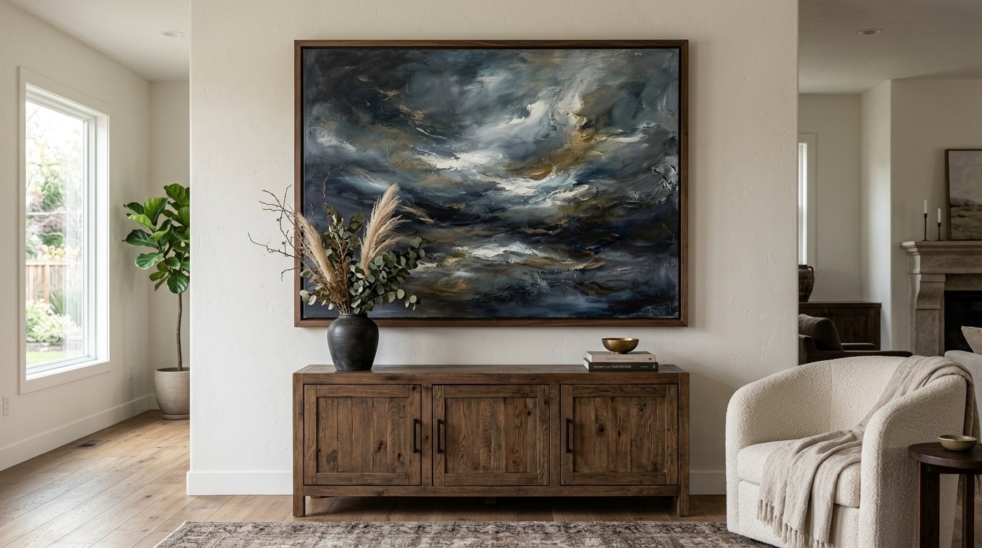 Moody dark blue and gold textured painting hung on a white wall above a wood cabinet with a vase of dried pampas grass.