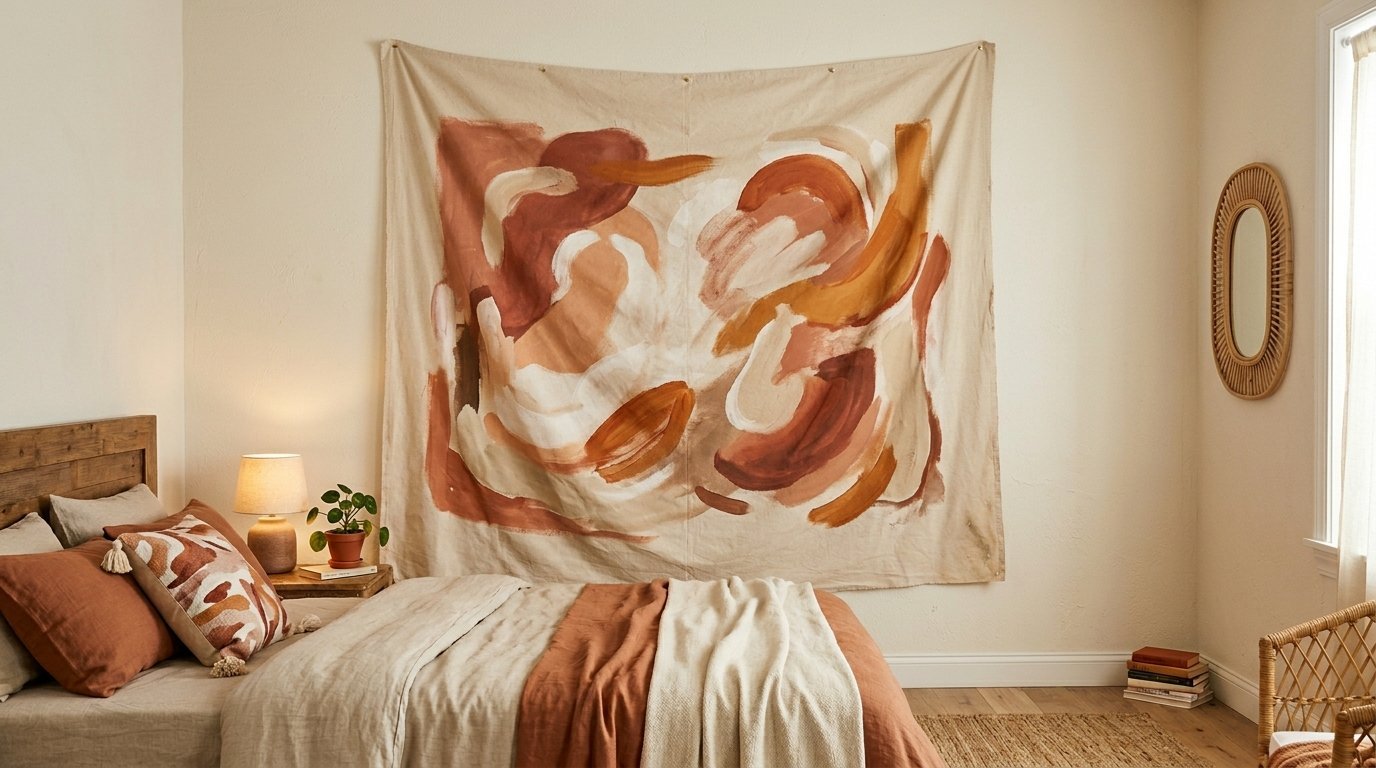 Large canvas wall hanging with earth-toned brushstrokes displayed above a cozy made bed.