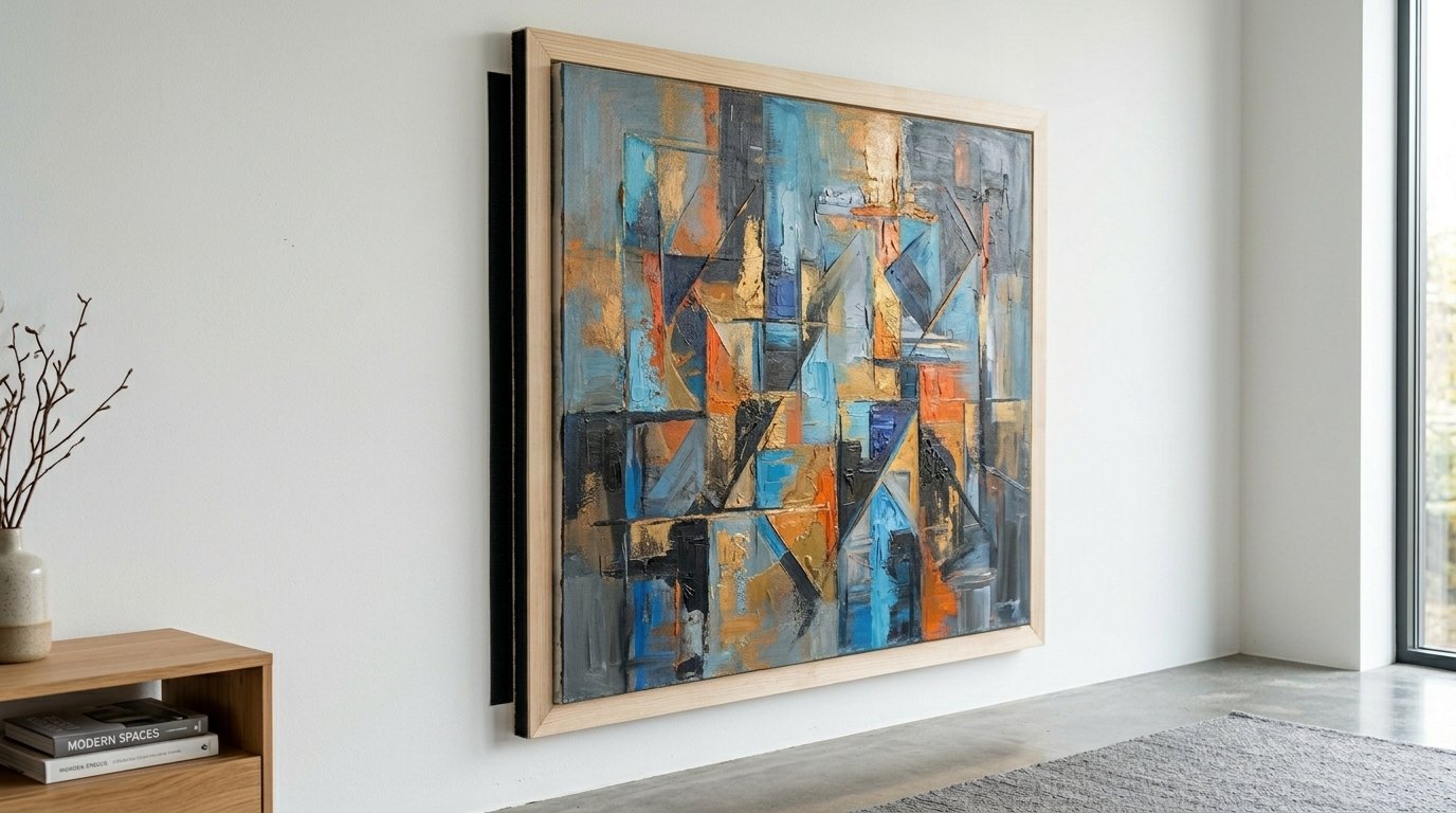 A framed abstract canvas featuring geometric shapes, heavy texture, and a vibrant blue, orange, and metallic gold palette.