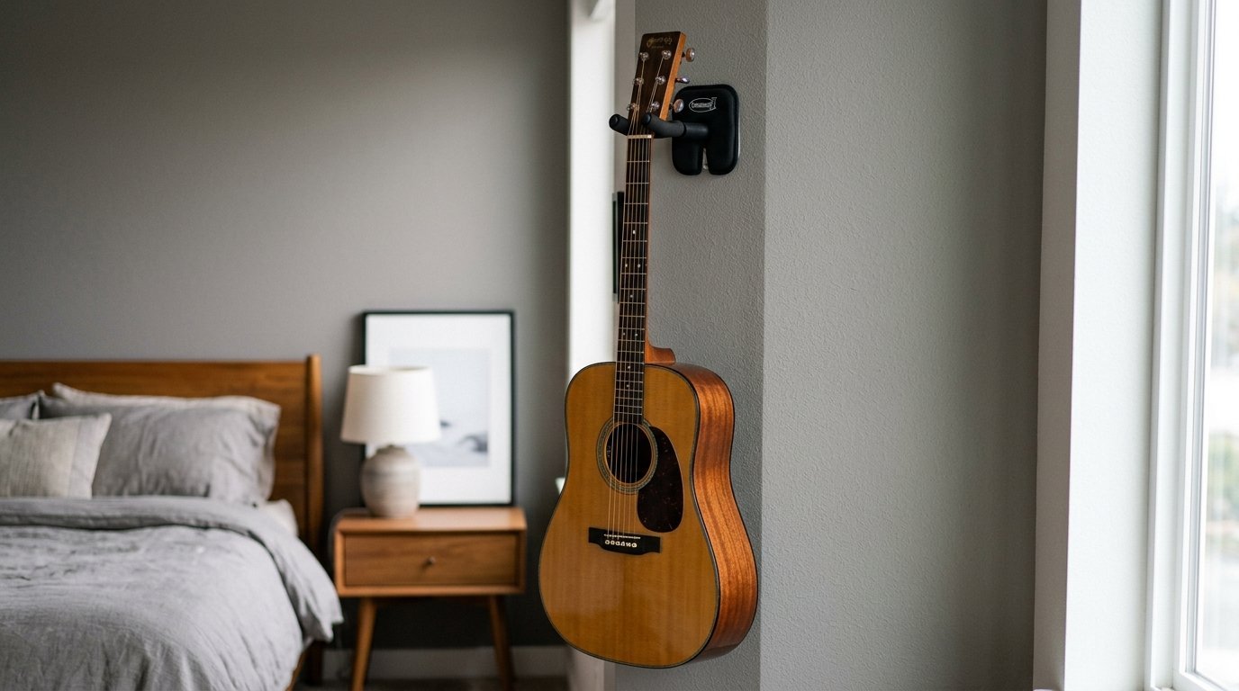 An acoustic guitar suspended on a black wall hanger inside a neutrally decorated bedroom.
