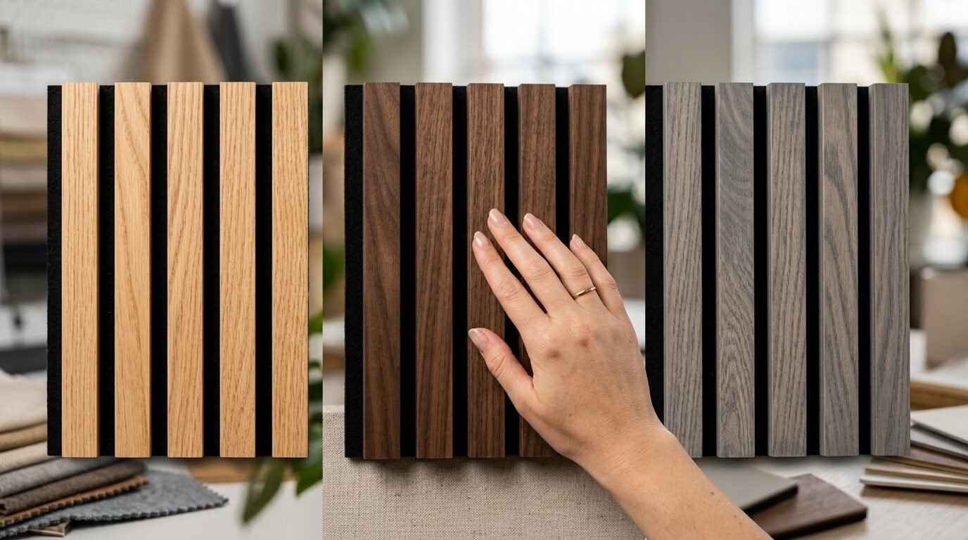 Close-up of a person touching decorative timber slats mounted on black felt backing for sound insulation.