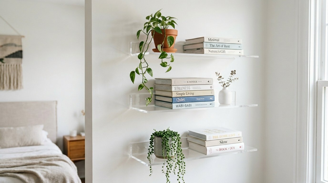 Three transparent acrylic shelves on a white wall hold stacked interior design books and hanging houseplants.