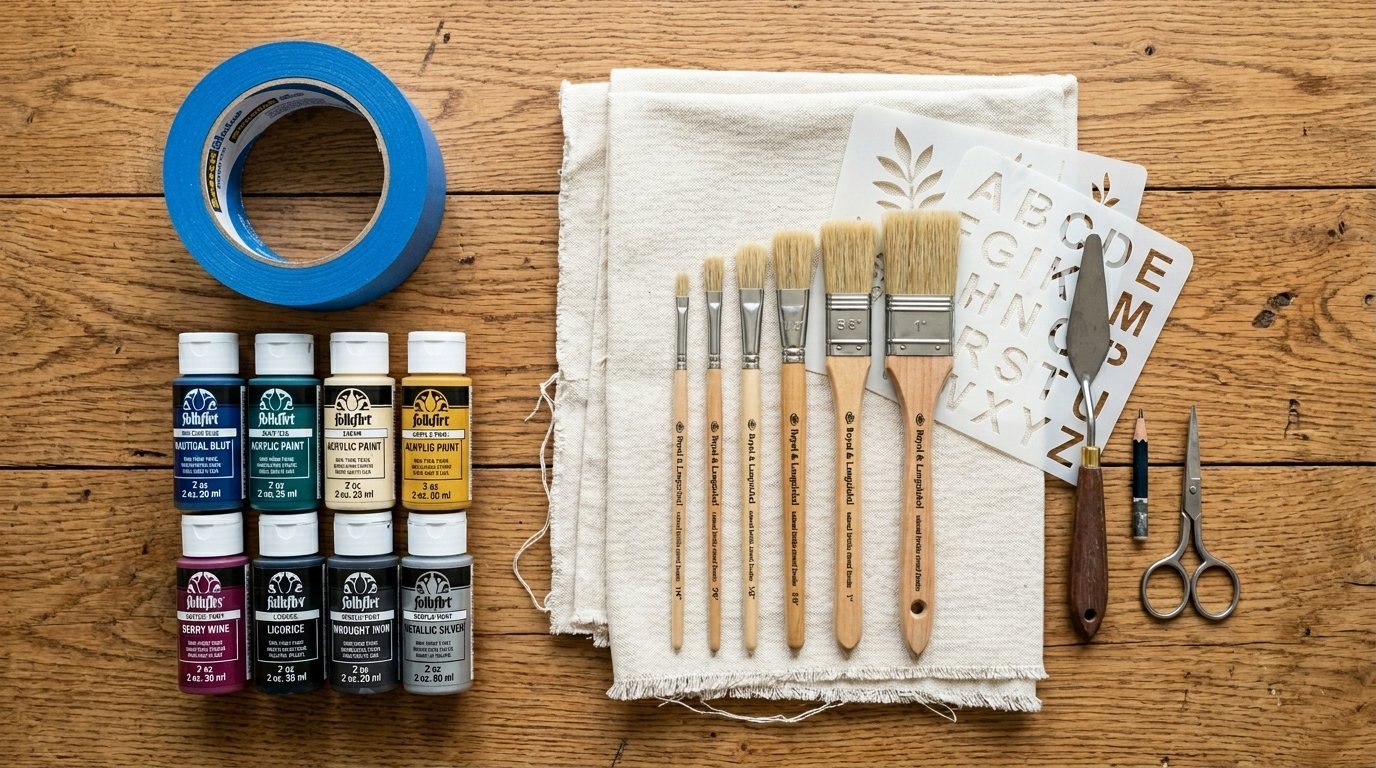 Top-down view of paint bottles, wooden brushes, blue tape, and an alphabet stencil on a rustic table.