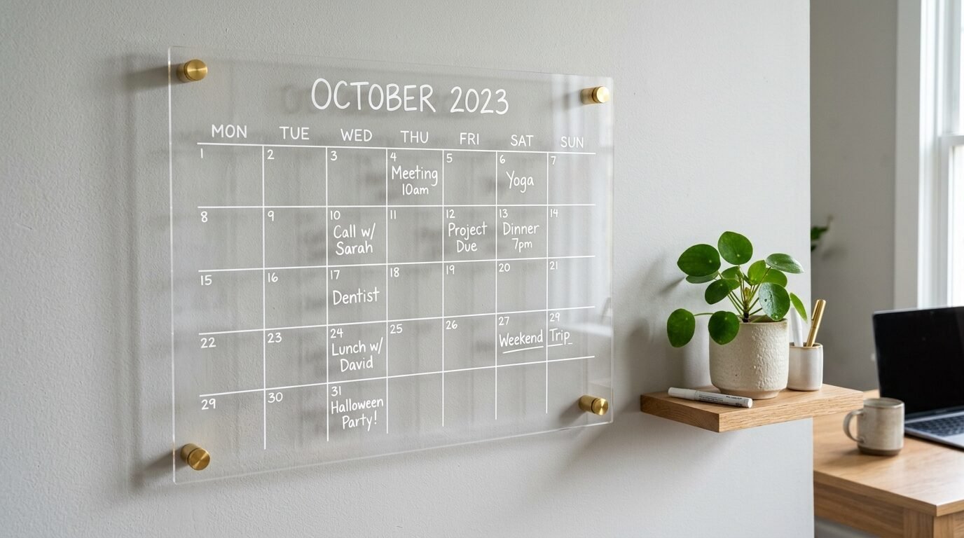 Transparent acrylic calendar hanging on a light grey wall with handwritten notes for October 2023.