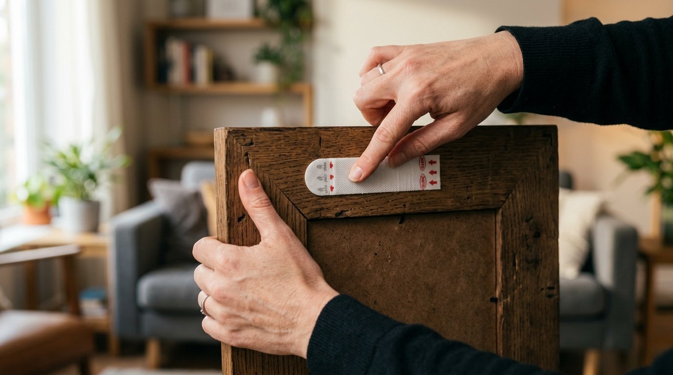 Close-up of hands attaching a white double-sided mounting strip onto the back of a vintage wood picture frame.