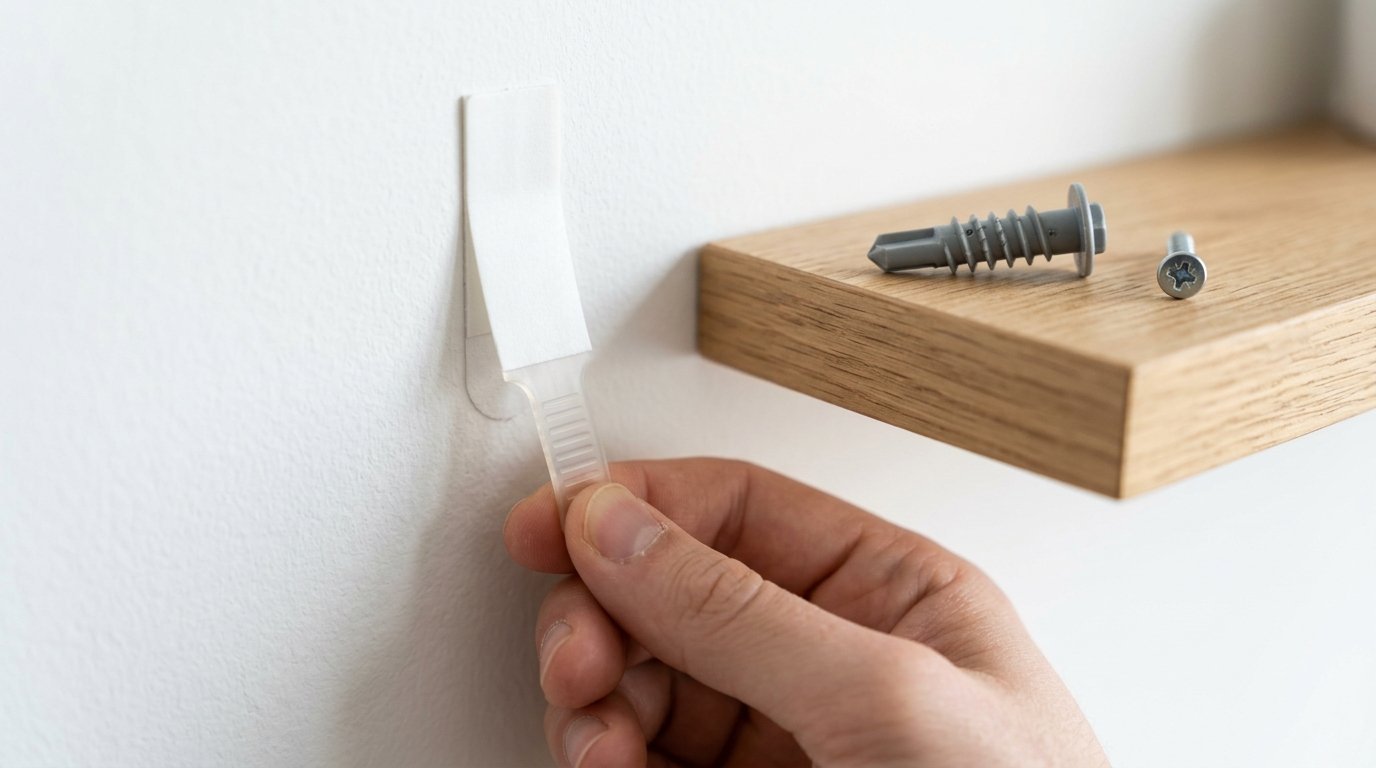 Close-up of a hand pressing a sticky adhesive hook base onto a wall next to a wooden shelf and wall anchors.