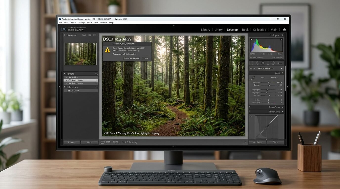 A computer screen showing a forest photograph in Lightroom with a gamut warning pop-up active.