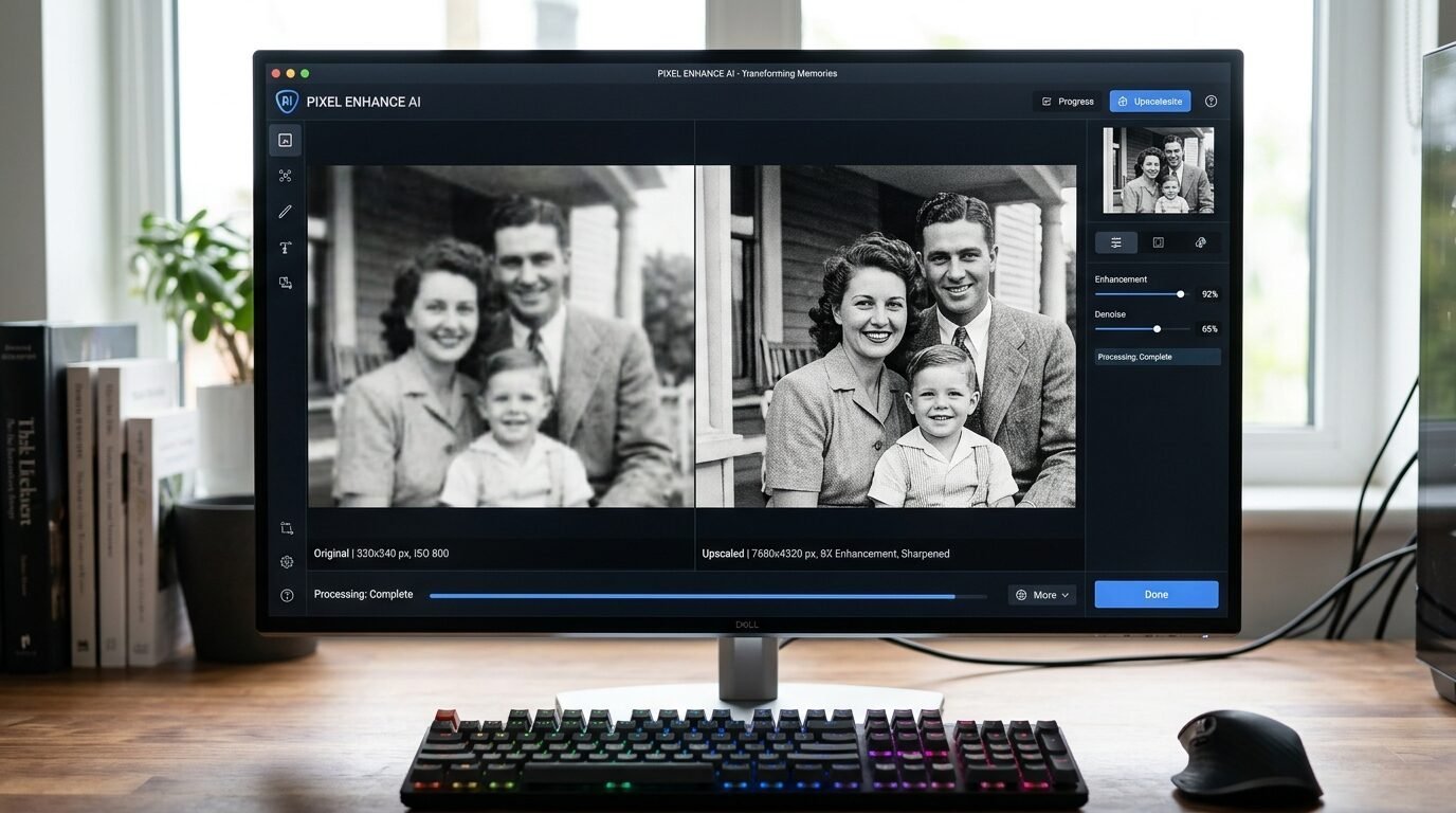 Split-screen view on a computer monitor showing a grainy original family portrait next to a sharp, high-res version.
