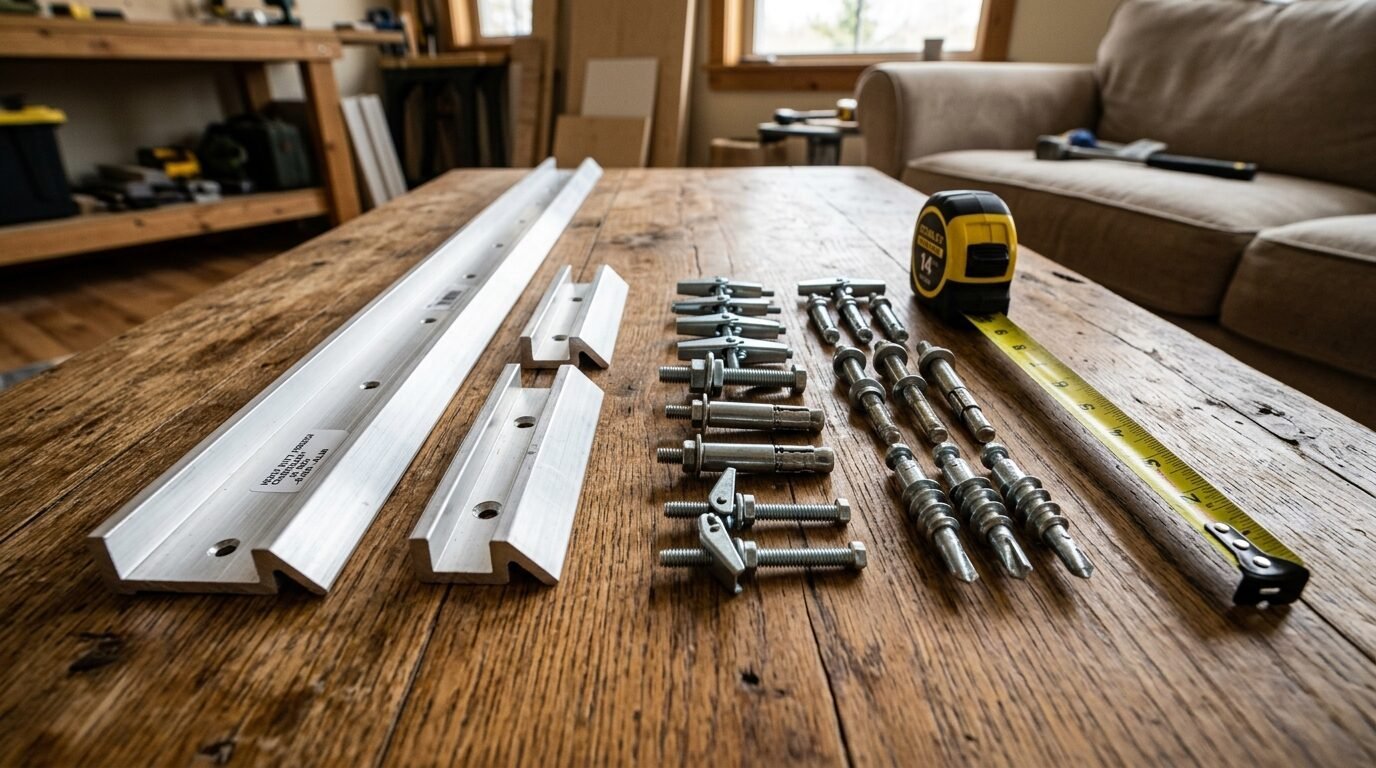 Aluminum French cleat wall mounting brackets, toggle bolts, and a yellow tape measure on a wooden table.