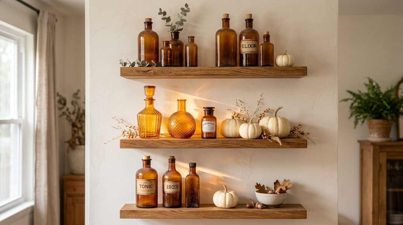 Three wooden shelves holding vintage amber glass jars, tonic bottles, and small white pumpkins.
