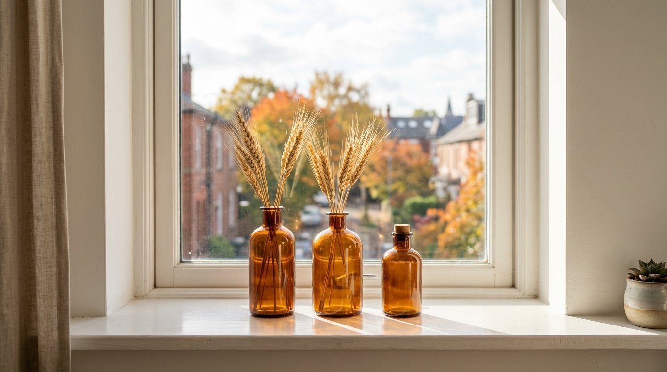 Decorative brown glass bottles filled with dried wheat stems sitting on a sunny window ledge with fall trees outside.