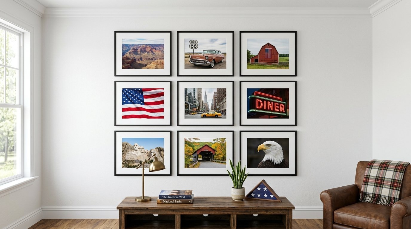 Gallery wall featuring nine framed photos of US landmarks, vintage cars, and American symbols above a wooden console table.