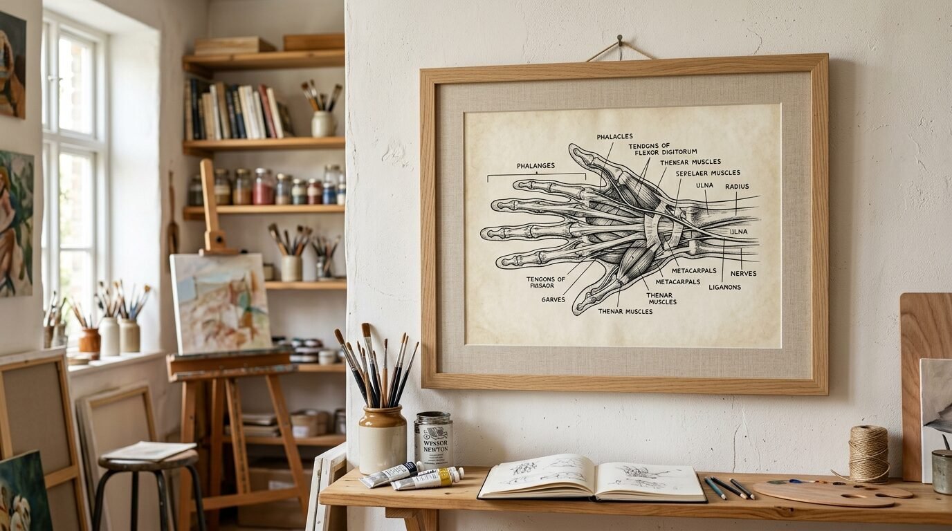A framed sepia drawing of human hand tendons and bones mounted on a white wall above a wooden artist desk.